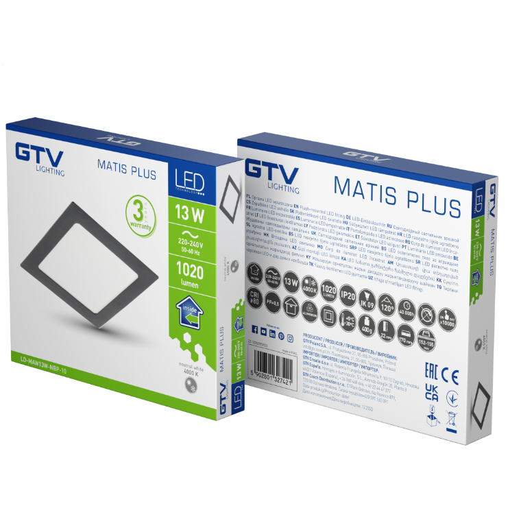 [6_21993] Світильник LED GTV MATIS PLUS, 13W, 120°, 4000K, IP20, врiзний, чорний (LD-MAW13W-NBP-10)