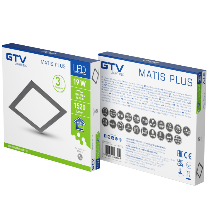 [6_21994] Світильник LED GTV MATIS PLUS, 19W, 120°, 4000K, IP20, врiзний, чорний (LD-MAW19W-NBP-10)