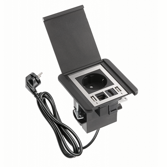 Подовжувач GTV врізний квадратний FLIP, 1xSCHUKO, 2xUSB A, 1xRJ45, 1xHDMI, кабель з вилкою 1,5м, чорний (AE-GM1SFLI-20)