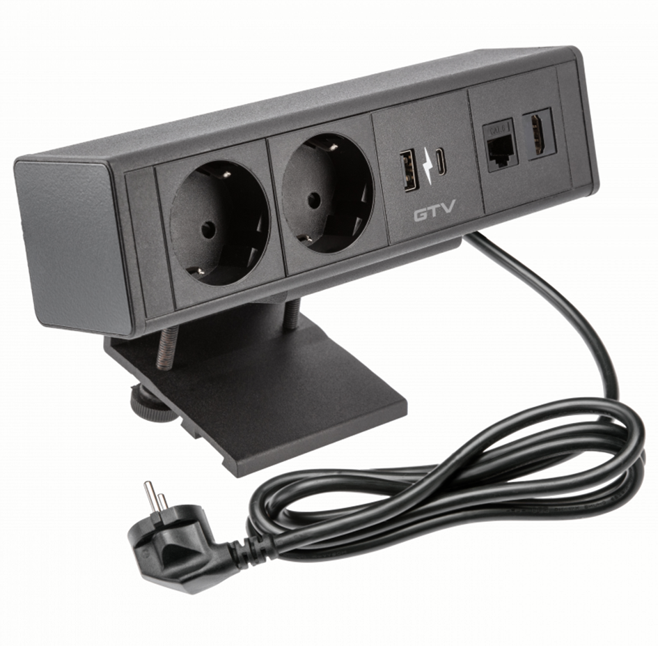 [6_22093] Подовжувач GTV прямокутний накладний BAR, 2xSCHUKO, 1xUSB A, 1xTYPE-C, 1xRJ45, 1xHDMI, кабель з вилкою 1,5м, чорний (AE-GM2SBAR-20)