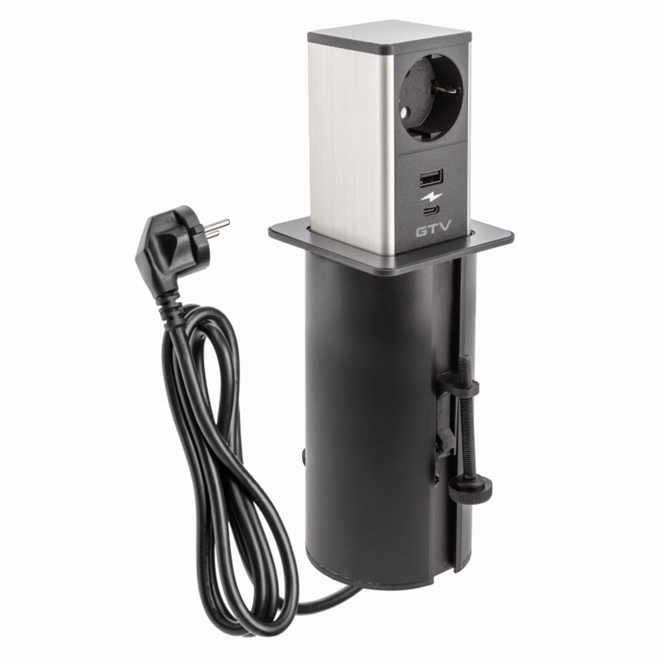 [6_22095] Подовжувач GTV врізний-висувний квадратний TOWER, 1xSCHUKO, 1xUSB A, 1xTYPE-C, кабель 1,5м, чорний/інокс (AE-GMW1STOW-20)