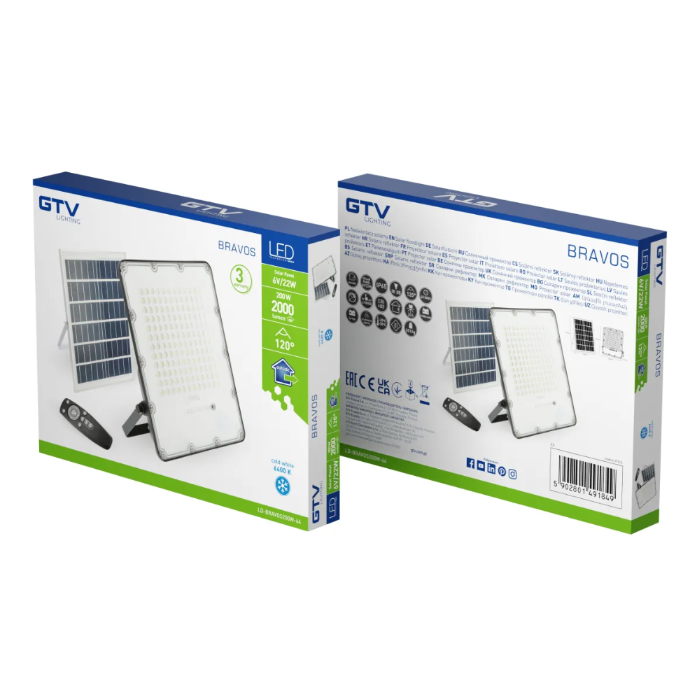 [6_22101] Прожектор GTV BRAVOS, сонячна панель, 200W, 6400K, IP65, 120°, на пульті (LD-BRAVOS200W-64)