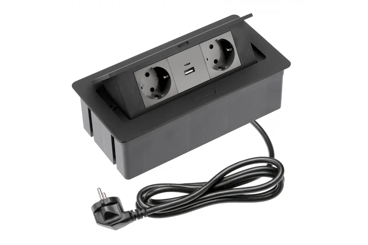 [6_27251] Розетка меблева GTV SOFT 2xSchuko, USB A+C, кабель живлення з вилкою, чорний (AE-PBSUC2GS-20NN)