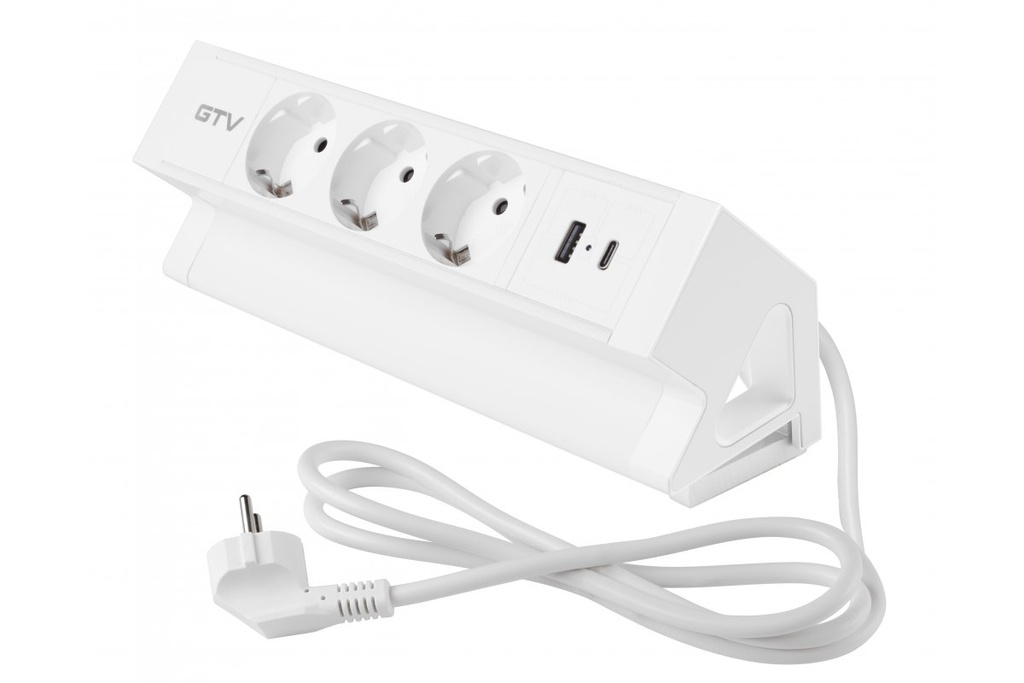 [6_27814] Меблева розетка GTV BASCO, 3хSHUKO, USB A+C, кабель 1.5 м, білий