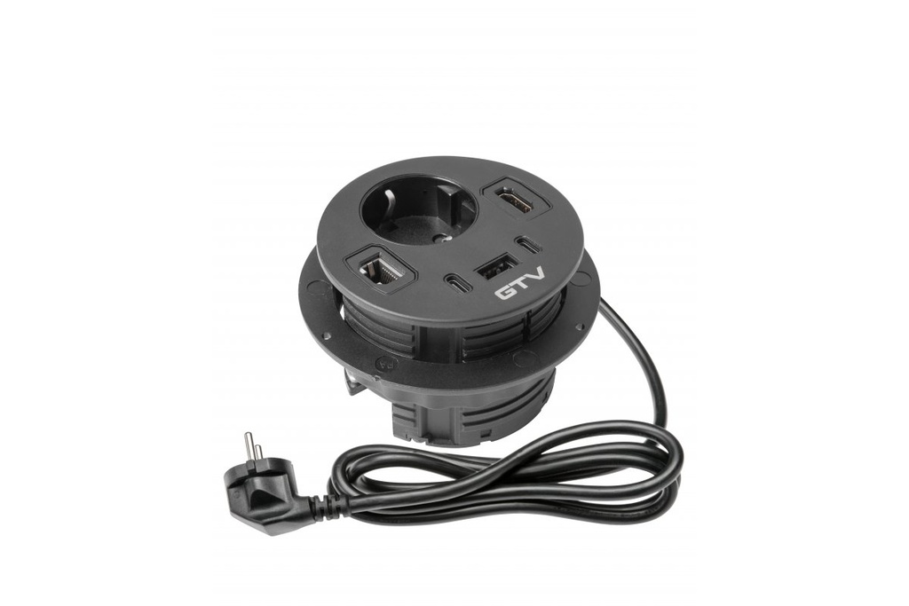 [6_27817] Меблева розетка GTV RONDO, 1хSHUKO, 1xUSB-A, 2xUSB-C, HDMI, RJ45 кабель 1.5 м, чорний
