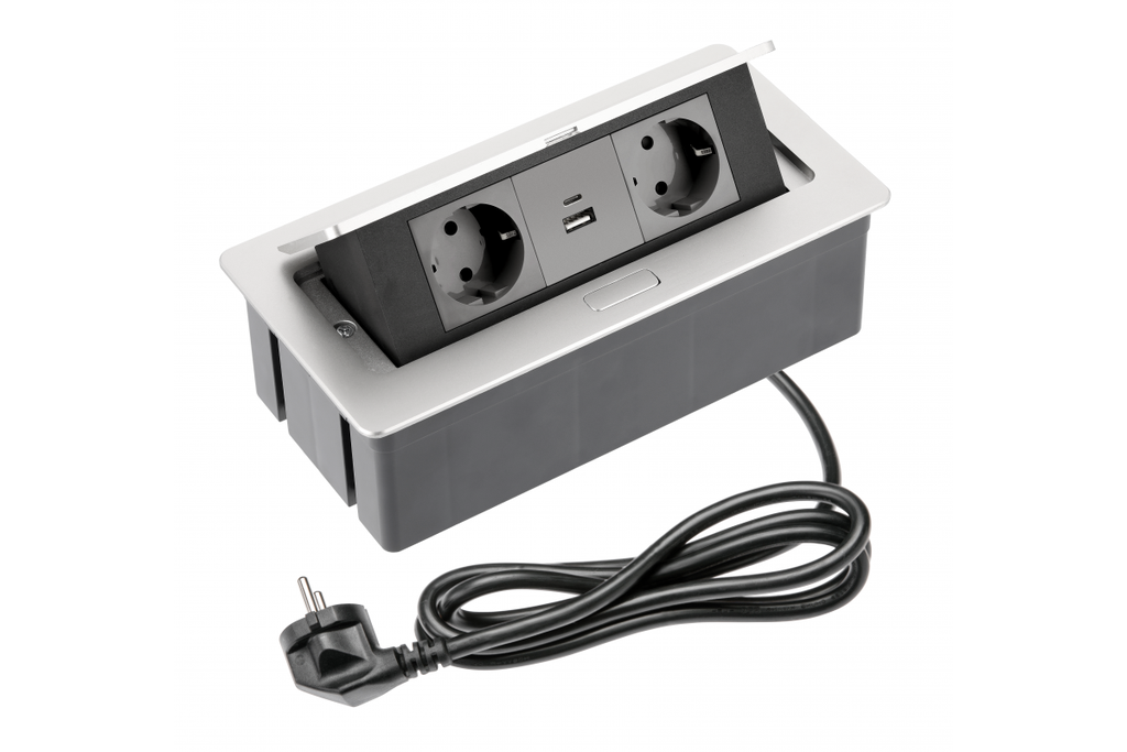 [6_27825] Меблева розетка GTV SOFT, 2хSHUKO, USB A+С, кабель 1.5 м, алюміній