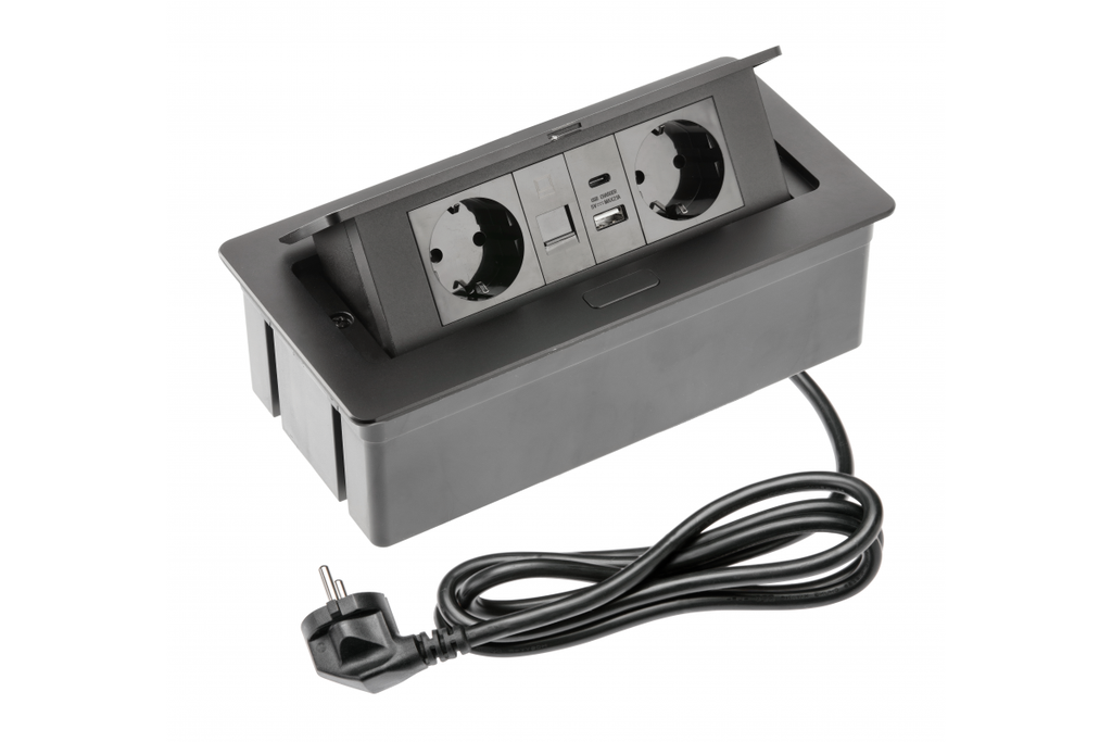 Меблева розетка GTV MULTISOFT, 2хSHUKO, USB A+C, RJ45, кабель 1.5 м, чорний