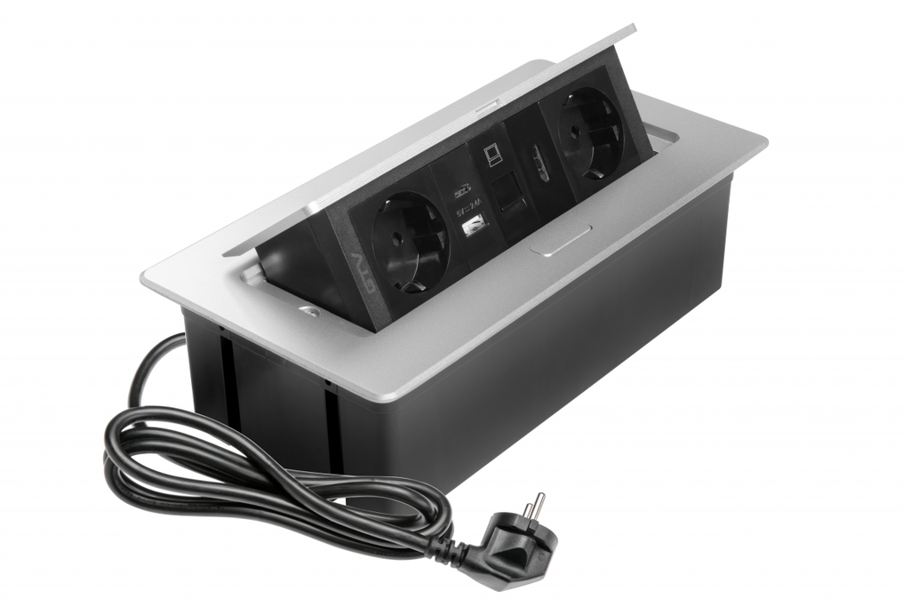 [6_27831] Меблева розетка GTV MULTISOFT, 2хSHUKO, USB A+C, RJ45, HDMI кабель 1.5 м, алюміний