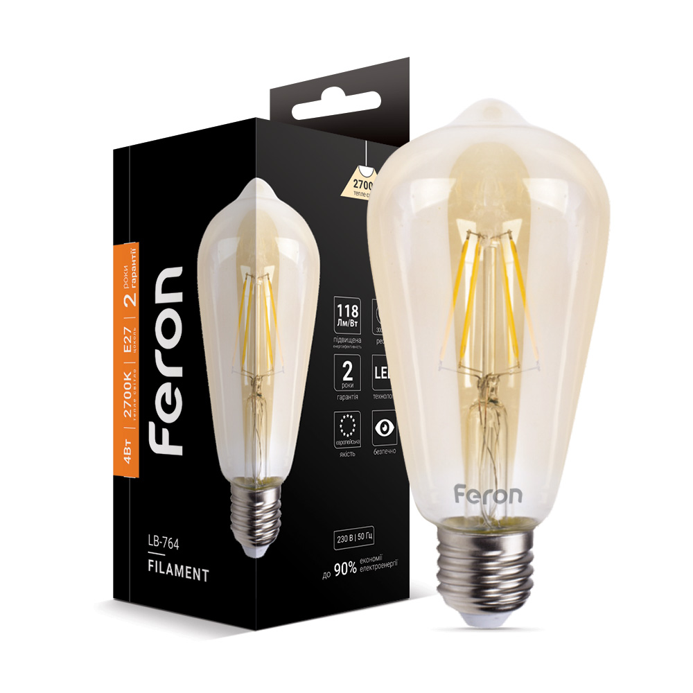[5782] Світлодіодна лампа Feron Filament LB-764 4Вт E27 2700K EDISON ST64 золото